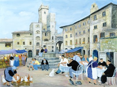 トスカーナ、市場広場のランチタイム（油彩・キャンバス） 作： Margaret Loxton