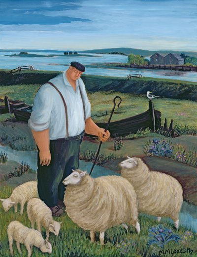 川の風景の中で羊を連れた羊飼い 作： Margaret Loxton