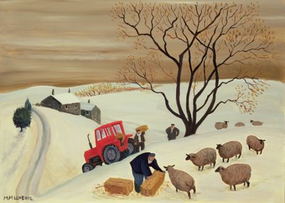 トラクターで干し草を羊に運ぶ 作： Margaret Loxton
