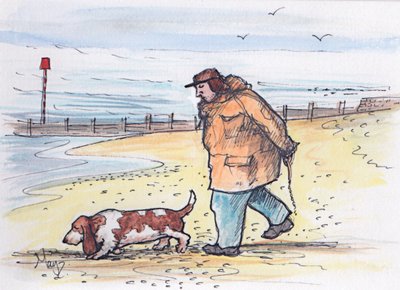 犬の散歩 - 02 (ペンと水彩) 作： Margaret Loxton