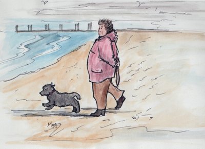 犬の散歩 - 03 (ペンと水彩) 作： Margaret Loxton
