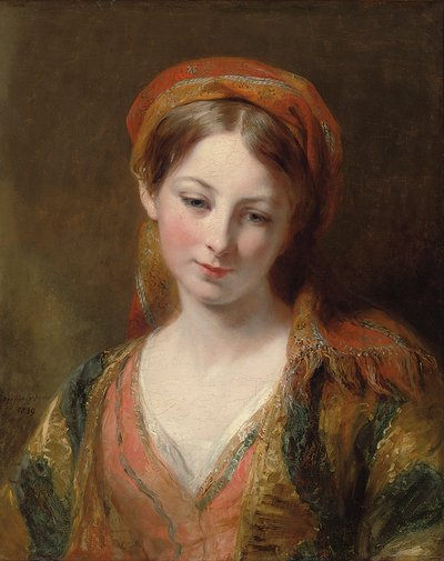 ヘンリエッタカーペンターと思われる少女の肖像画、バストの長さ、オリエンタルドレス、1839年 作： Margaret Sarah Carpenter