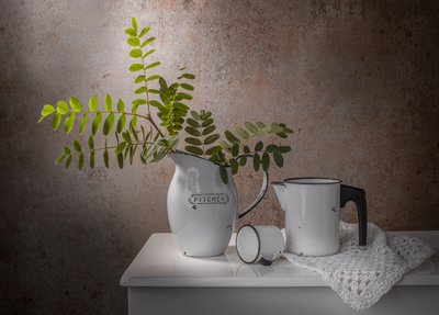 素朴なエナメル器の静物画 作： Margareth Perfoncio