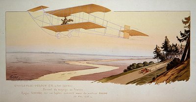 ロジャー・ソマー（1877-1965）がソマー複葉機でシャルルヴィルからベルダンまでの記録的な距離を飛行（1910年5月、パリのMabileau社発行 作： Marguerite (fl.1909 14) Montaut