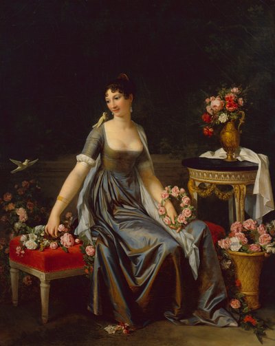 花と鳥に囲まれた女性の肖像、1800年頃（キャンバスに油彩） 作： Marguerite Gerard