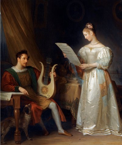 "Un homme tenant une lyre et une femme tenant une partition dans un interieur" (Interior with a man holding a Lyre and a woman with a music score) Peinture de Marguerite Gerard (1761-1837), - Oil on canvas Dim 64,5x55 cm Private Collection 作： Marguerite Gerard