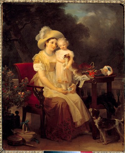 膝の上に少女を抱いて座る女性 マルグリット・ジェラール（1761-1837）の絵 1799年 日0,64x0,53m。ディジョン、美術博物館。 作： Marguerite Gerard