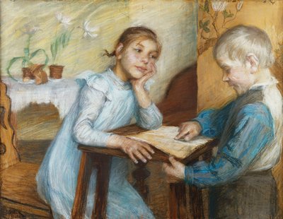 少年が少女に朗読するインテリア、1912 作： Maria Wiik