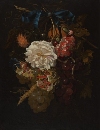 青いリボンの花束とフルーツ 作： Maria van Oosterwijck