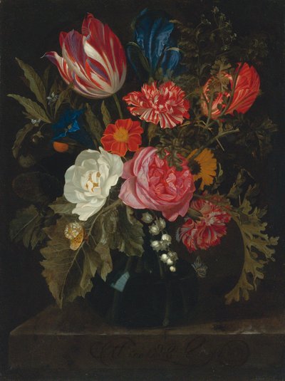 大理石の棚に置かれた花瓶の花 作： Maria van Oosterwijck