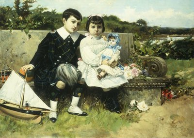公園のベンチに座った2人の子供、1882年 作： Mariano Barbasan Lagueruela