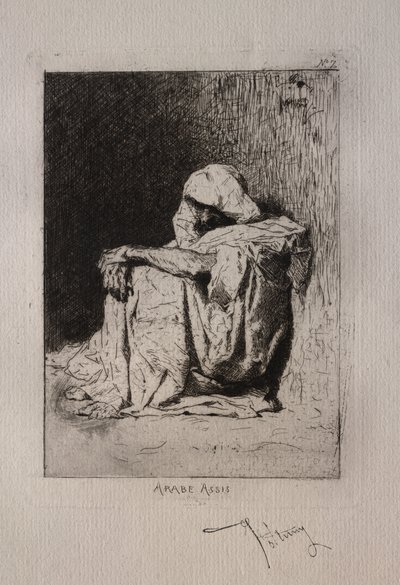 アラブの座って、手を膝の上に交差させた。 作： Mariano José María Bernardo Fortuny y Carbó