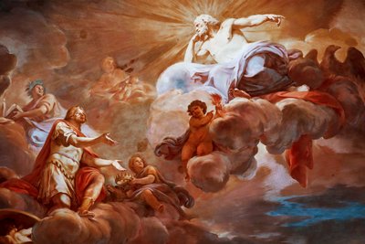 ロムルスは木星によってオリンパスで歓迎されます。 「ロムルスの神格化」の詳細 1775 -1779、フレスコ画 作： Mariano Rossi