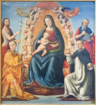 マドンナと子供と聖人（パネルに油彩） 作： Mariano di (c.1470 c.1530) Ser Austerio