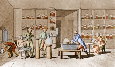 アントワーヌ・ローラン・ド・ラヴォアジエ（1743-1794）（フランスの化学者）は、安静時の人間の呼吸について経験している。18世紀のパリ、ラヴォアジエ夫人のデッサンより。ルマージュ・コレクション 作： Marie Anne Pierrette Lavoisier