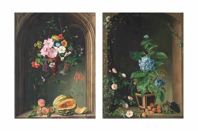 ナスタチウム、ヒルガオ、ゼラニウム、ペチュニア、その他の花が、桃とメロンの上にあるアーチの下に吊るされた水路に咲きます。 アジサイ、バラ、ツタ、ブドウなどのアーチ型の花 (キャンバスに油彩) 作： Marie Auersperg