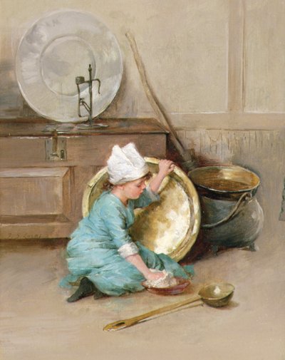 真鍮を磨く」1900年頃（パネルに油彩） 作： Marie Elizabeth Seymour Lucas