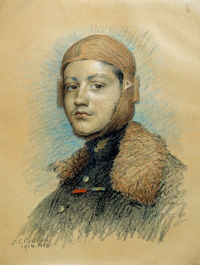 フランスの軍用機パイロット、ジョルジュ・ギュイネメール（1894-1917）の肖像。1916年2月のドローイング。Marie Louise Catherine Breslau (1856-1928) ec.suis.によるドローイング。 作： Marie Louise Catherine Breslau