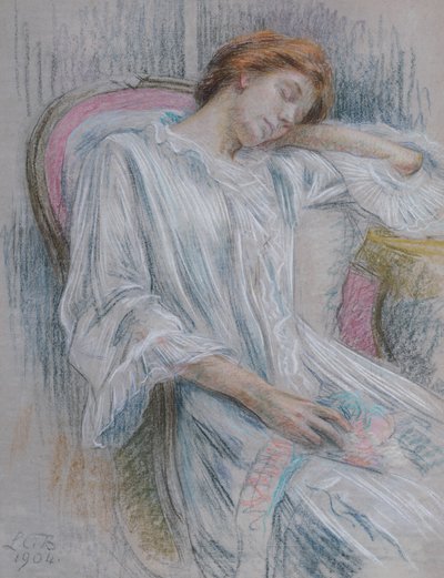椅子で眠っている若い女性 作： Marie Louise Catherine Breslau