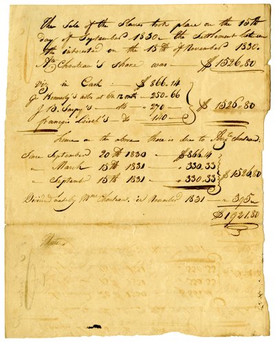 1831年11月、奴隷の売却と各人への分配に関する文書 作： Marie Therese Cerre Chouteau