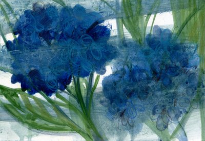 青い紫陽花、2020年（A4用紙に油彩） 作： Marina Falco