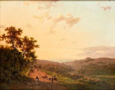 遠い風景のある田舎道の羊飼いとその牛（パネルに油彩） 作： Marinus Adrianus Koekkoek