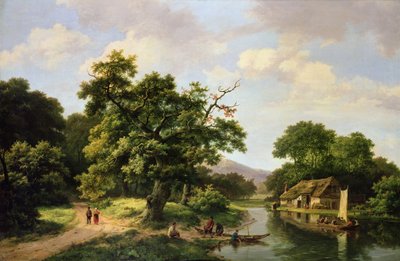 農民がフェリーを降ろす緑豊かな川の風景 作： Marinus Adrianus Koekkoek