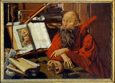 聖ジェローム・メディタント - 絵画 (Vanita) Marinus Claeszoon van Reymerswaele (1493 - 1567) Ec.中空。 作： Marinus van Reymerswaele