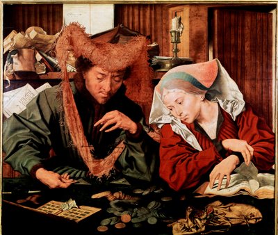 貸し手とその妻」（パネルに油彩 作： Marinus van Reymerswaele