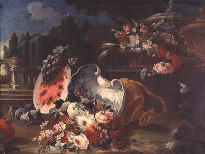 静物画、噴水の近くのミックスされた花と果物 作： Mario (follower of) Nuzzi
