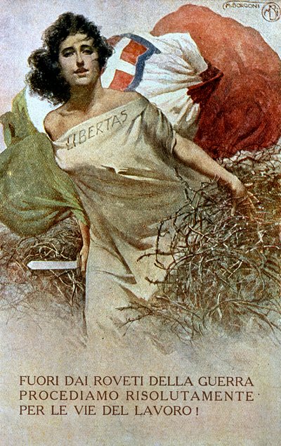 第一次世界大戦のくびきから解放されたイタリアの寓意を描いたもの。(カラーリトグラフ) 作： Mario Borgoni