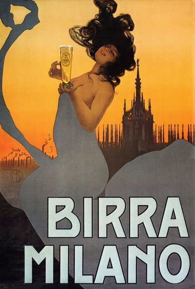 イタリア、ミラノのBirraの広告ポスター、1900年頃（カラーリトグラフ 作： Mario Borgoni