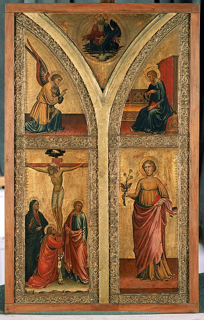 はりつけ、聖ドロシーと他の聖人を描いた祭壇の翼、c.1420（ポプラの木のテンペラ） 作： Mariotto di Nardo