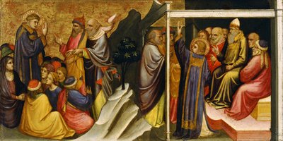 プレデラパネル：大祭司とサンヘドリンの長老たちの前の聖ステパノ 作： Mariotto di Nardo
