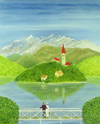 雪を頂いた山々と橋の上の恋人たち 作： Mark Baring