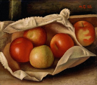 袋に入ったリンゴ、1925年（段ボールに油彩） 作： Mark Gertler