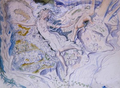 ヌードの若者を背景に浮かぶ妖精 (紙に水彩) 作： Mark Lancelot Symons