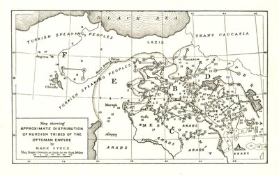 「オスマン帝国のクルド部族のおおよその分布を示す地図」、1915 年頃。 作： Mark Sykes