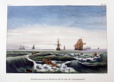 1828年、インドのコロマンデル海岸沖のいかだ。 作： Marlet et Cie