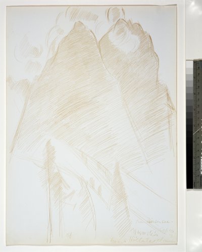 山の風景、前景のツインピークスと木々、1933年 作： Marsden Hartley