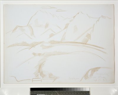 教会の尖塔を前景にした山の風景 作： Marsden Hartley