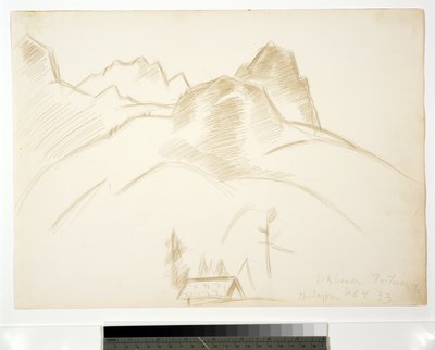前景の家のある山の風景、1933 作： Marsden Hartley