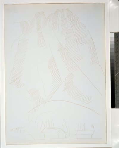 前景に2つの建物がある山の風景 作： Marsden Hartley