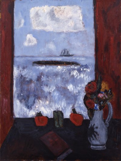 夏、海、窓、赤いカーテン、1942年（メソナイトに油彩） 作： Marsden Hartley