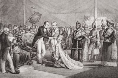 「英語とスコットランドの歴史の図解」第2巻の1858年、セポイの反乱の鎮圧後のカウンポアのグランドダルバール 作： Marshall Claxton