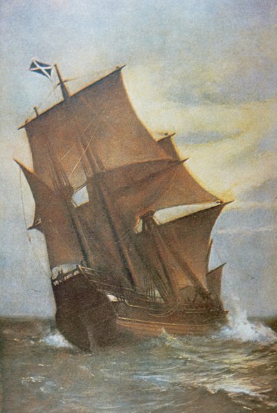1620年、大西洋を渡ってアメリカに渡ったピルグリムファーザーを乗せたメイフラワー号（油彩・キャンバス 作： Marshall Johnson
