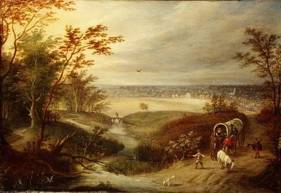 広大な森の風景と、浅瀬に置かれた荷馬車 作： Marten (attr. to) Ryckaert