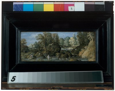 水車、川を渡る橋、網を持った漁師のいる風景。 作： Marten Ryckaert