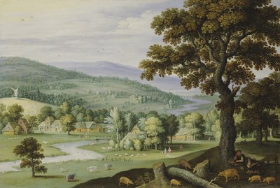 フォアグラウンドの木の下にある養豚場のある川の谷、向こう側の集落 作： Marten Ryckaert