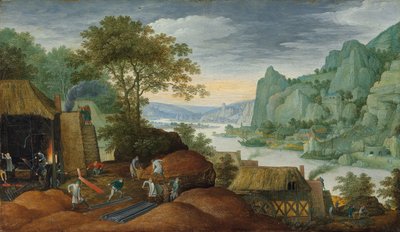 鉄の鋳造工場、川、そして向こうの銀行の家の姿のある岩の多い風景 作： Marten Ryckaert
